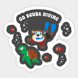 Diving with funny bear and turtle with cartoon style Sticker